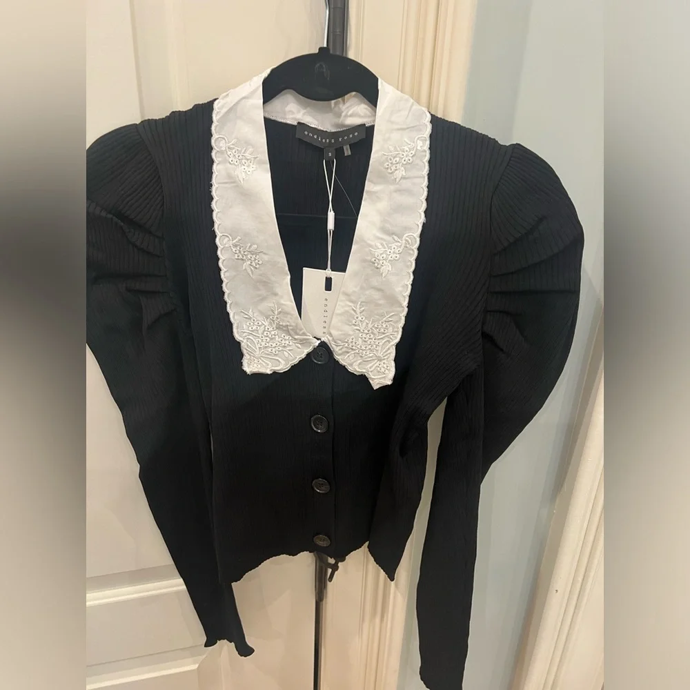 Embroidered Collar Knit Cardigan | Black Collared Cardigan - Picture 5 of 8